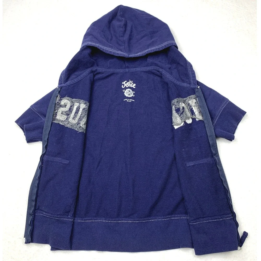 Justice Girls Navy Blue Short Sleeve Full Zip Hoodie Rhinestone Graphic Size‎ 10